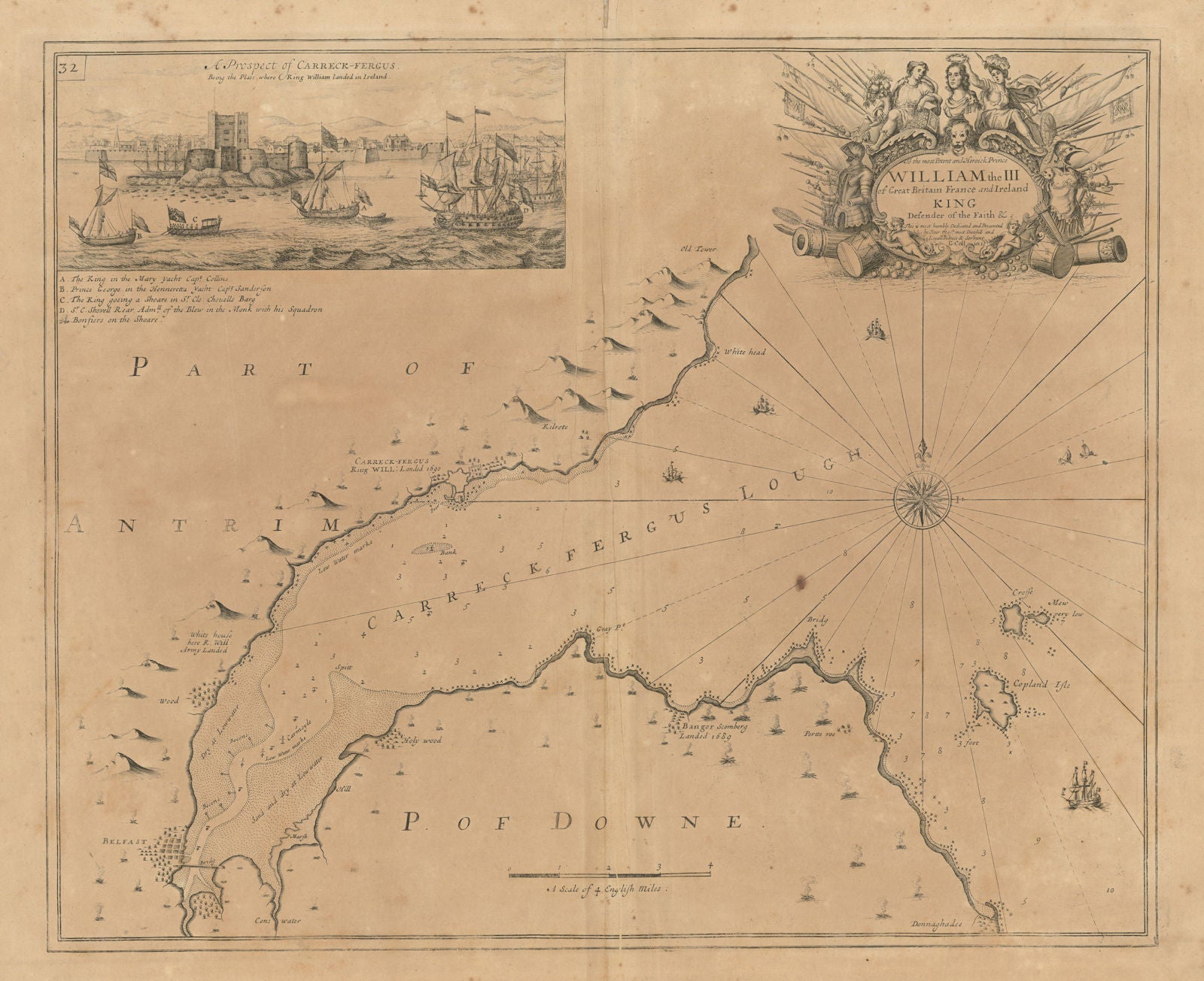 BELFAST LOUGH sea chart. 1690 William III at Carrickfergus. COLLINS 1693 map